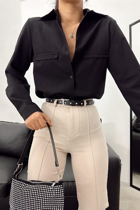 Süs Cep Detay Basic Gömlek Siyah