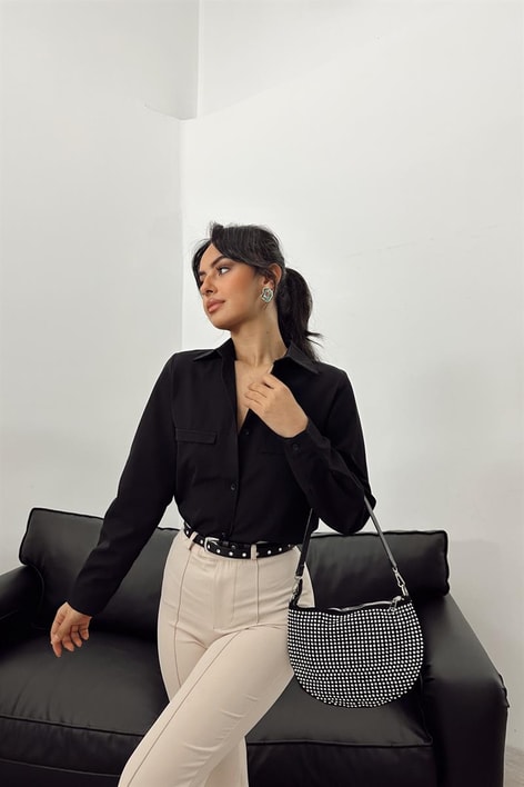 Süs Cep Detay Basic Gömlek Siyah