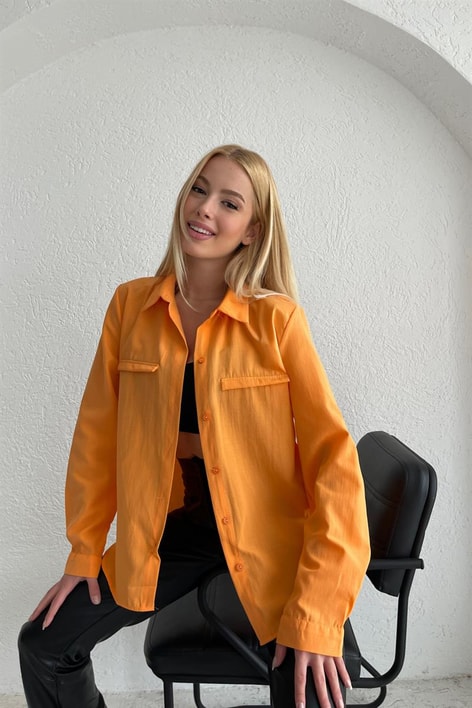 Süs Cep Detay Basic Gömlek Turuncu