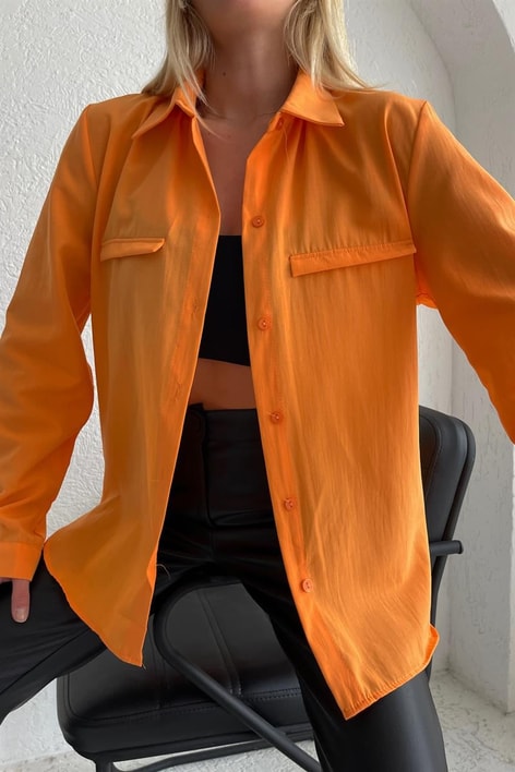 Süs Cep Detay Basic Gömlek Turuncu