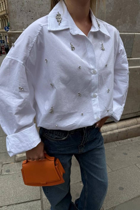 Taşlı Oversize Gömlek Beyaz