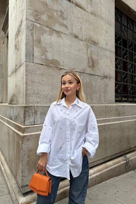 Taşlı Oversize Gömlek Beyaz