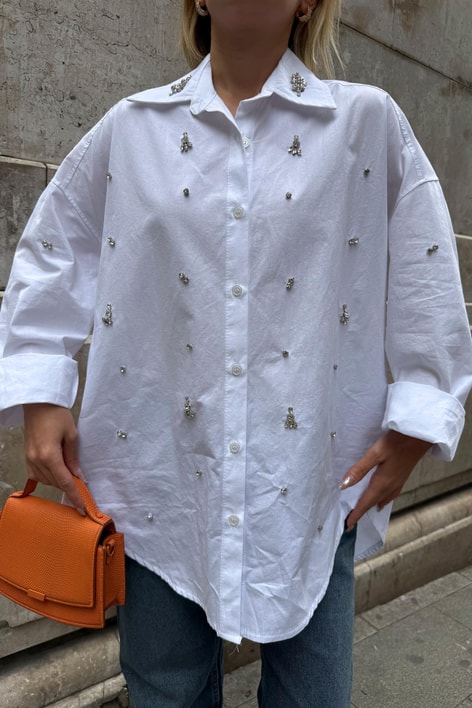 Taşlı Oversize Gömlek Beyaz