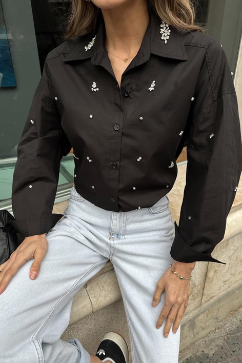 Taşlı Oversize Gömlek Siyah
