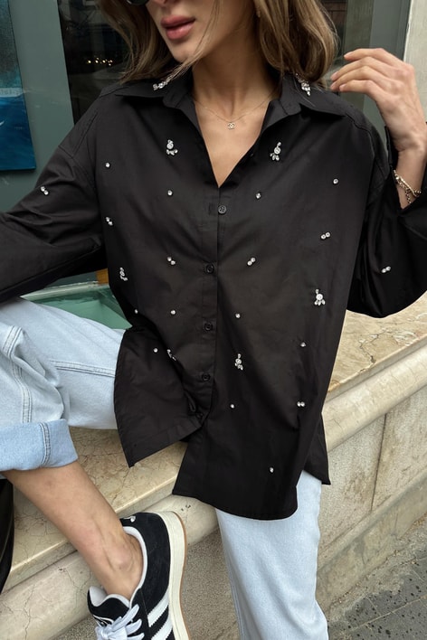 Taşlı Oversize Gömlek Siyah