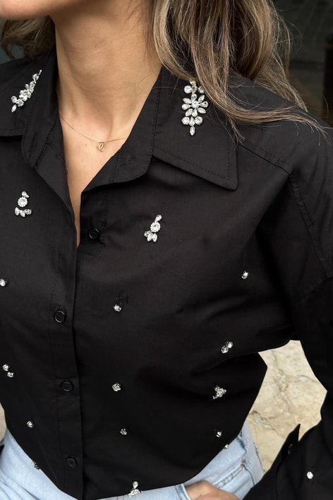 Taşlı Oversize Gömlek Siyah