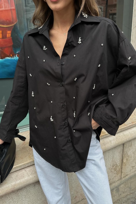 Taşlı Oversize Gömlek Siyah