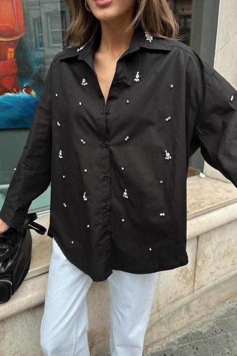 Taşlı Oversize Gömlek Siyah
