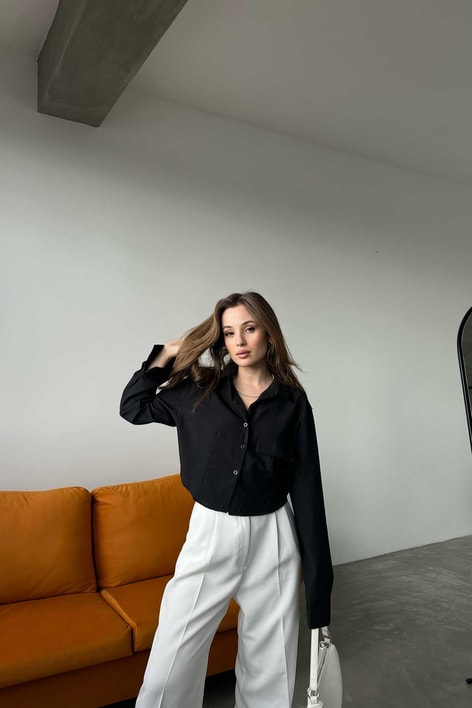 Tek Cep Crop Gömlek Siyah