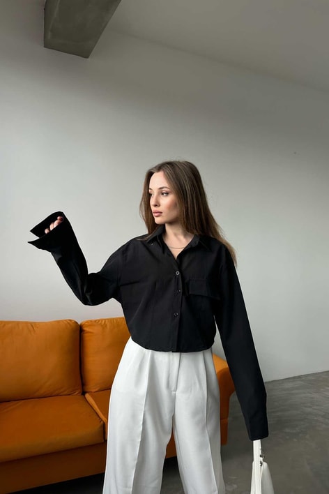 Tek Cep Crop Gömlek Siyah