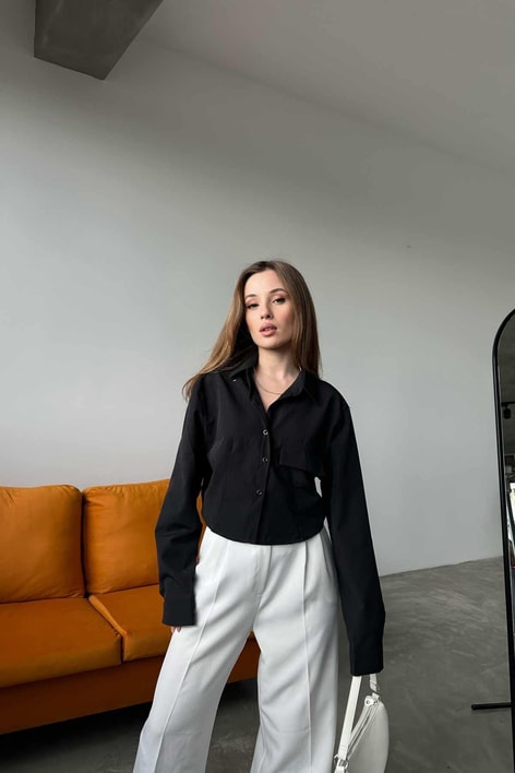 Tek Cep Crop Gömlek Siyah