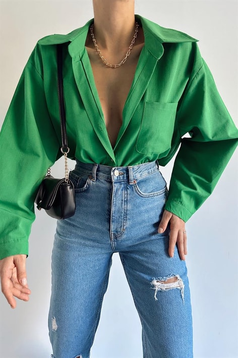 Tek Cep Oversize Gömlek Benetton Yeşili