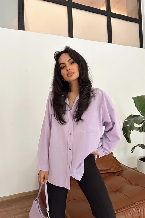 Tek Cep Oversize Gömlek Lila