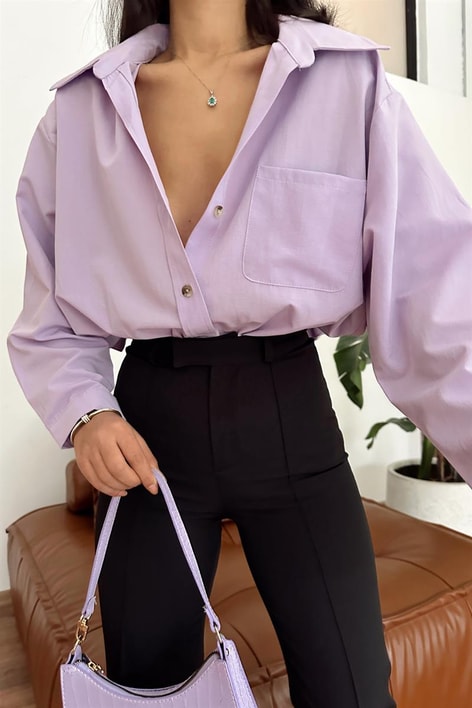 Tek Cep Oversize Gömlek Lila