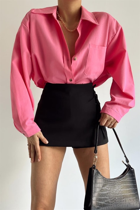 Tek Cep Oversize Gömlek Pembe