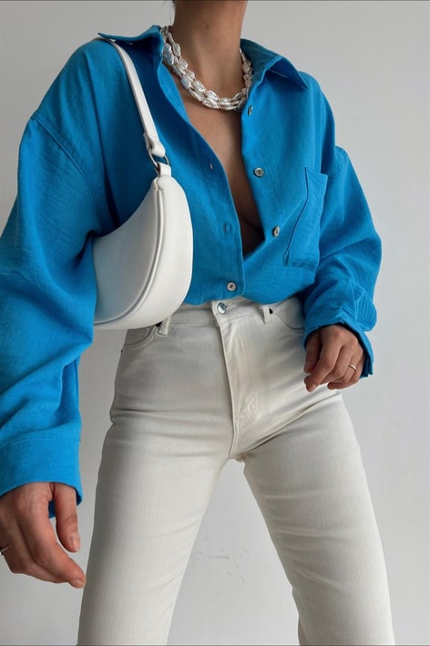 Tek Cep Salaş Keten Gömlek Mavi