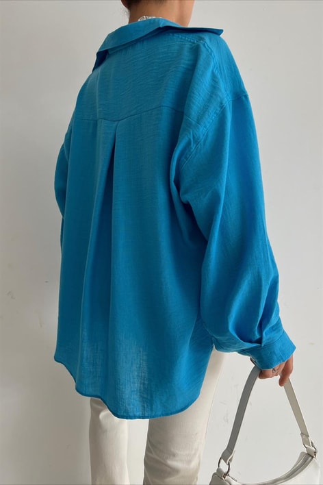 Tek Cep Salaş Keten Gömlek Mavi