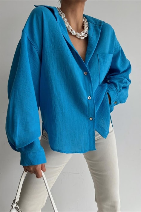 Tek Cep Salaş Keten Gömlek Mavi