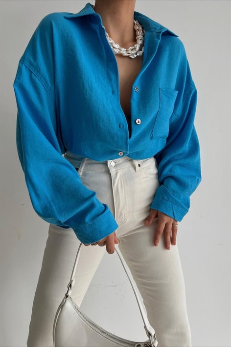 Tek Cep Salaş Keten Gömlek Mavi