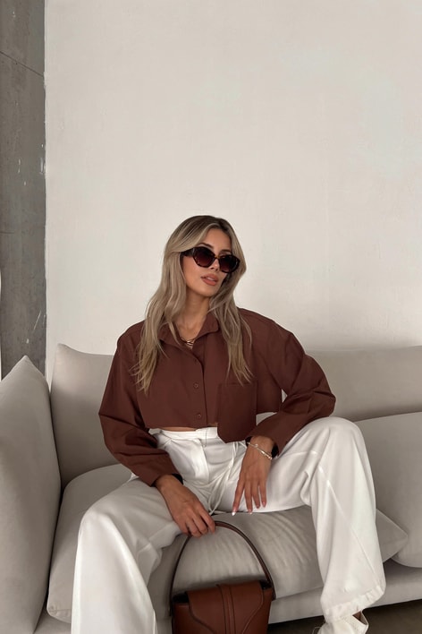 Tek Cepli Crop Gömlek Kahve