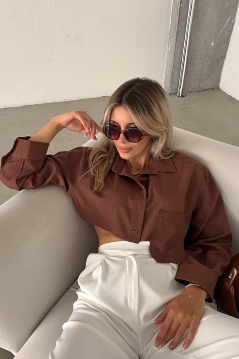 Tek Cepli Crop Gömlek Kahve