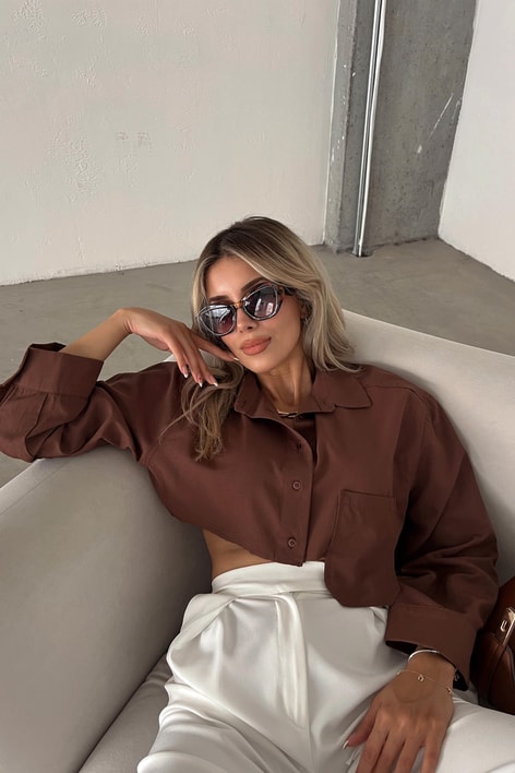 Tek Cepli Crop Gömlek Kahve