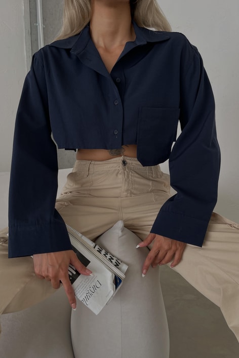 Tek Cepli Crop Gömlek Lacivert