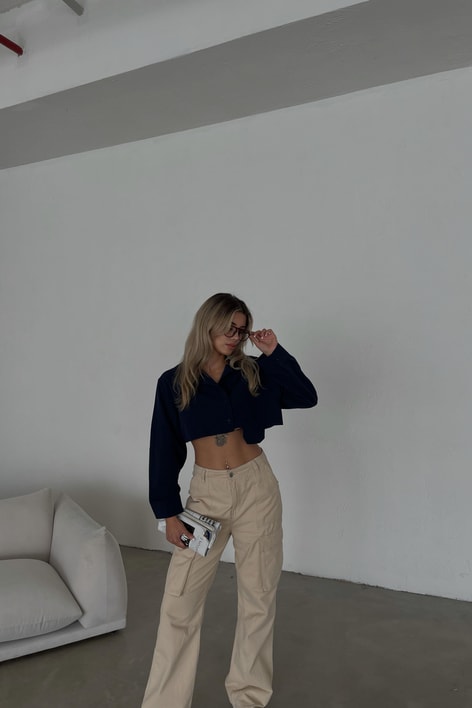 Tek Cepli Crop Gömlek Lacivert