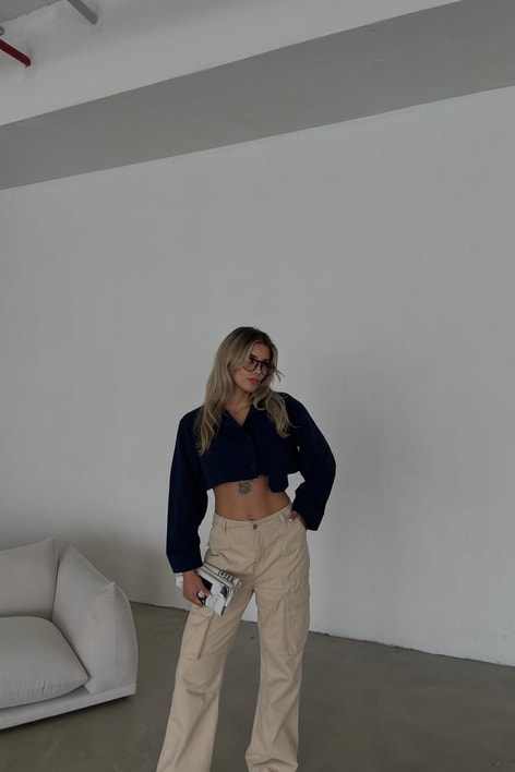 Tek Cepli Crop Gömlek Lacivert