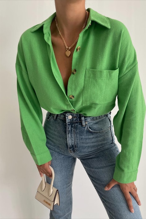 Tek Cepli Ham Keten Gömlek Yeşil