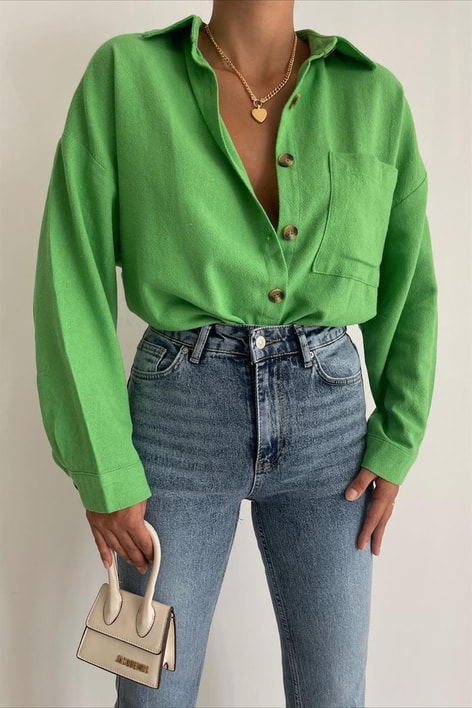 Tek Cepli Ham Keten Gömlek Yeşil