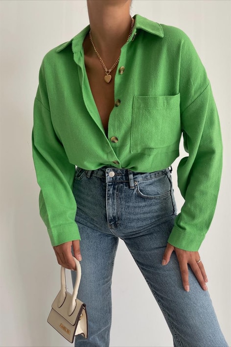 Tek Cepli Ham Keten Gömlek Yeşil