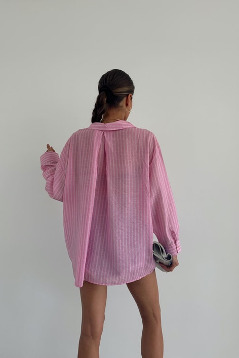 Tek Cepli Oversize Çizgili Gömlek Pembe