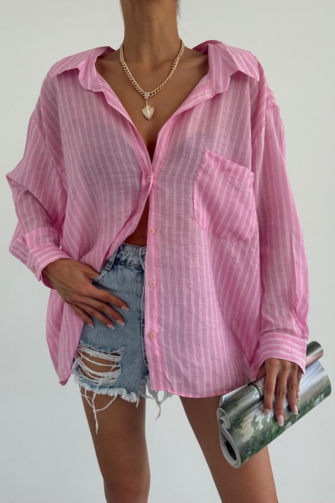 Tek Cepli Oversize Çizgili Gömlek Pembe