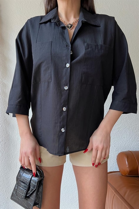 Transparan Çizgili Gömlek Siyah