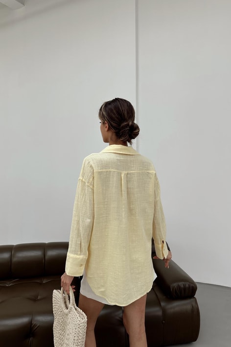 Uzun Kollu Oversize Keten Gömlek Sarı