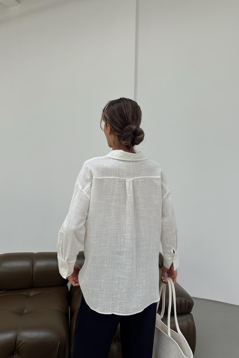 Uzun Kollu Oversize Keten Gömlek Ekru