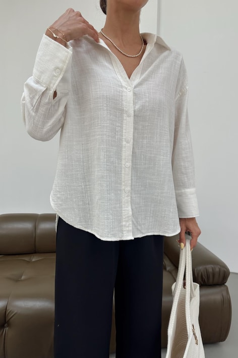 Uzun Kollu Oversize Keten Gömlek Ekru