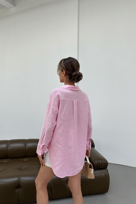 Uzun Kollu Oversize Keten Gömlek Pembe
