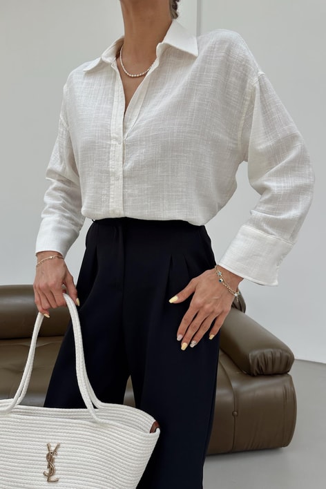 Uzun Kollu Oversize Keten Gömlek Ekru