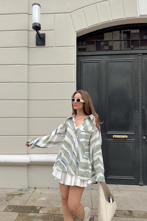 Wave Desen Oversize Gömlek Yeşil