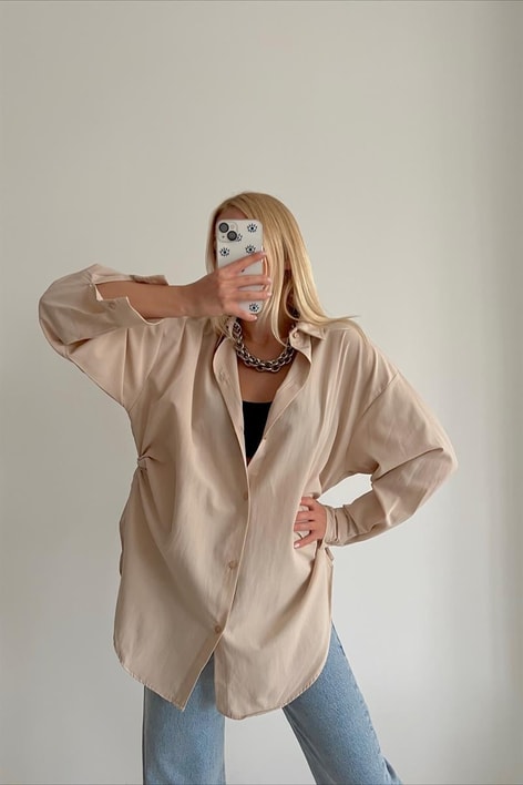 Yan Büzgülü Basic Gömlek Bej