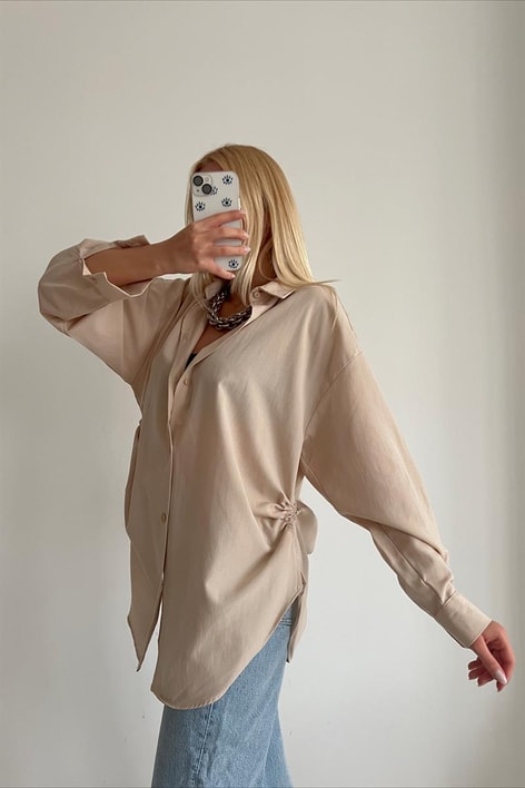 Yan Büzgülü Basic Gömlek Bej