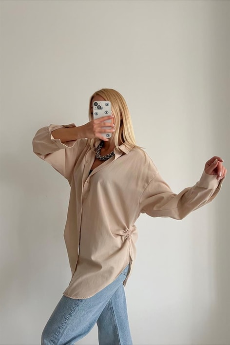 Yan Büzgülü Basic Gömlek Bej