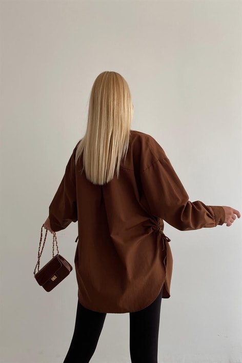 Yan Büzgülü Basic Gömlek Koyu Kahve