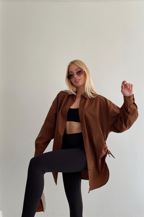 Yan Büzgülü Basic Gömlek Koyu Kahve