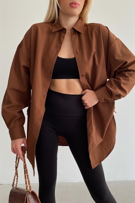 Yan Büzgülü Basic Gömlek Koyu Kahve