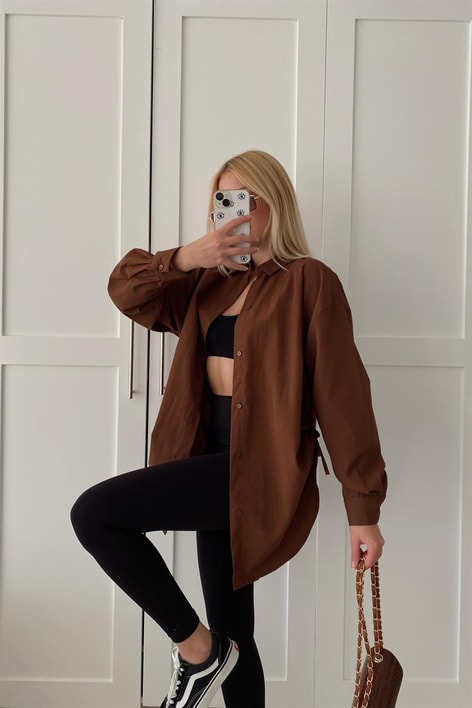 Yan Büzgülü Basic Gömlek Koyu Kahve