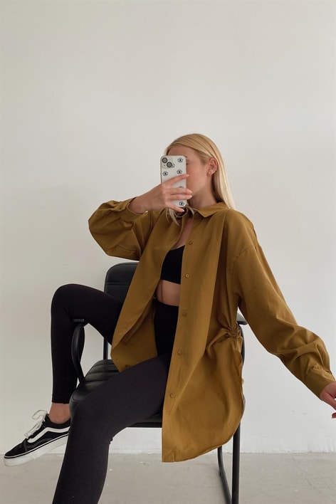 Yan Büzgülü Basic Gömlek Yağ Yeşili