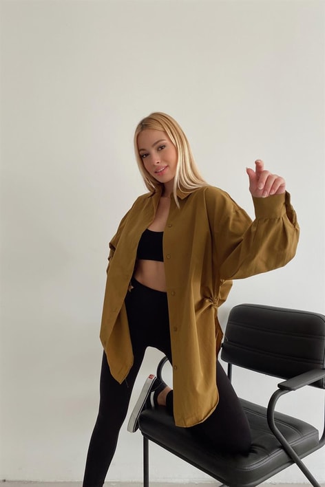 Yan Büzgülü Basic Gömlek Yağ Yeşili